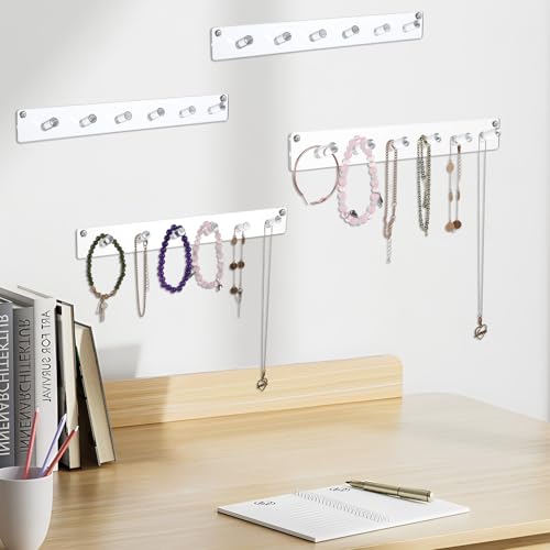 4 Pack Acrylic Necklace Holder – Wall Mounted Jewelry Organizer with 24 Hooks for Necklaces, Bracelets, Rings & Bangles, Clear Display Rack with Easy Installation (Screws & Tape Included)