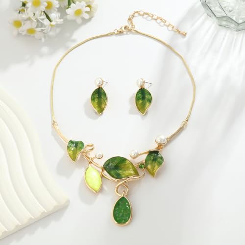 Vintage Statement Jewelry Set - Chunky Flower Floral Plant Geometric Resin Bib Necklace Earring Set Bohemian Boho Crystal Rhinestone Fashion Jewelry for Women Bridal Party Prom Unique Gift - style: MLJS2609-Green