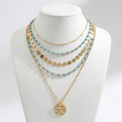 Boho Necklaces for Women, Layered Gold Coin Necklace Set, Bohemian Style Jewelry Collection, Four Piece Layered Chain Design, Gold Tone Metal Construction, Versatile Everyday Accessories - color: Gold A
