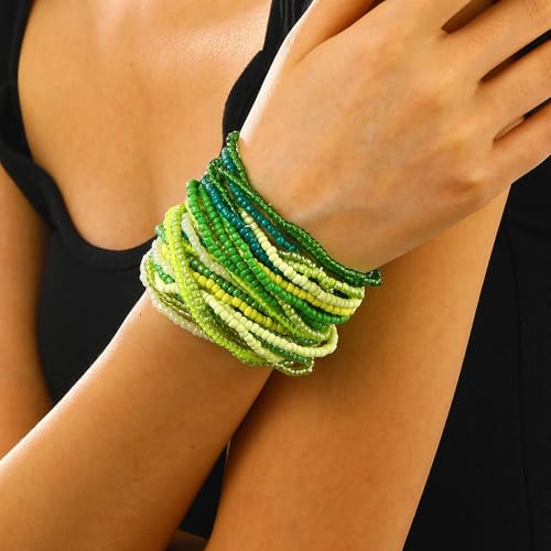 Soyzvteo 17Pcs Elastic Beaded Bracelets Bohemian Stackable Beaded Stretch Bracelets Colorful Boho Beach Bracelet Set Rainbow Handmade Seed Beach Bracelet Jewelry - color: 30Pcs/Green