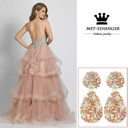 Rhinestone Statement Earrings Teardrop Costume Earrings Cluster Crystal Chandelier Drop Dangle Earrings for Women - color: Pink