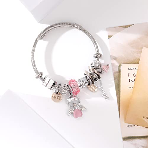DS Charm Bracelets for girls,exquisite cute cartoon friendship bracelets Silver Stainless Steel Bangle with birthday Gift box, Adjustable girls jewelry Suitable for holiday gifts - style: Silver-pink Angel