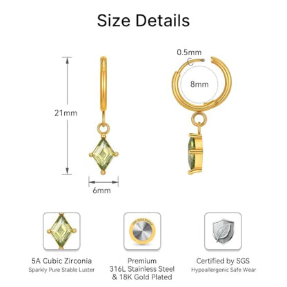 Surgical Steel Hoop Earrings for Women - Hypoallergenic Small Cartilage Huggies with Cubic Zirconia Dangle - color: Olive Green-18K Gold Plated