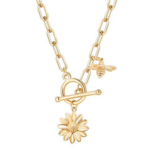 DoreenBeads 18K Gold Sun Moon Star Compass Pendant Necklace | Chunky Toggle Paperclip Chain Necklace with Heart Daisy Bee Charms for Women Girls 20 Inches - color: Daisy & Bumblebee