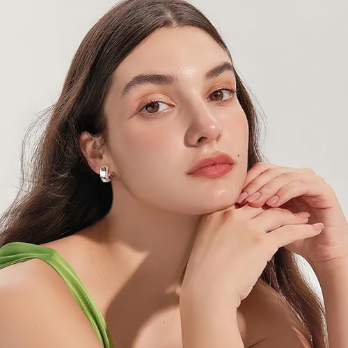 Chunky Hoop Earrings for Women Small Huggie Hoops Earrings Fashion Jewelry | 14k Gold Plated Hypoallergenic Thick Gold Silver Hoop Earrings Trendy Jewelry Gift Box, Daily Wear - color: Silver