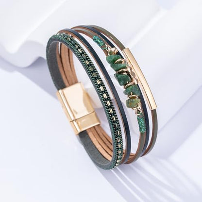 Boho Gemstone Beaded Leather Wrap Bracelets Stackable Chunky Cuff Bracelet Western Jewelry Cowboy Chic Country Concert Outfits for Women - color: Green