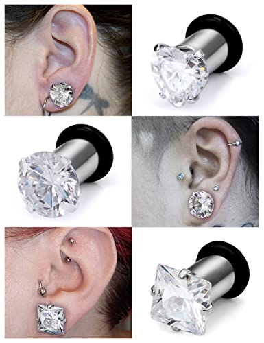 8G 6G 4G 2G 0G 1/2 inch Stainless Steel Ear Gauges - Round, Square, Heart, Cubic Zirconia - 3mm to 12mm - Silver, 3 Pairs - color: Gauge=6g=4mm