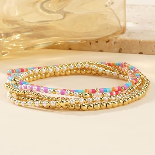 14K Gold Plated Beaded Bracelets Stack Set for Women,Stretch Boho Ball Jewelry Friendship Trendy - color: Pink