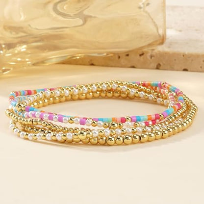 14K Gold Plated Beaded Bracelets Stack Set for Women,Stretch Boho Ball Jewelry Friendship Trendy - color: Pink