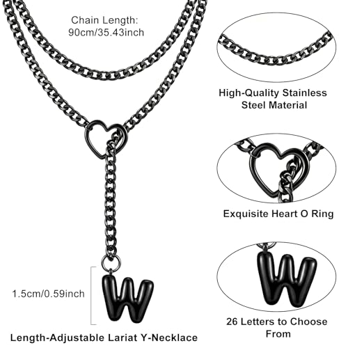 Black Heart Slip Chain Initial Necklaces for Women, Stainless Steel Wrap Choker Necklace, Gothic O-Ring Adjustable Lariat Y Necklaces, Punk Cuban Collar Choker Necklace, Halloween Jewelry Gift - color: Black W