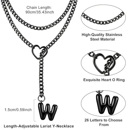 Black Heart Slip Chain Initial Necklaces for Women, Stainless Steel Wrap Choker Necklace, Gothic O-Ring Adjustable Lariat Y Necklaces, Punk Cuban Collar Choker Necklace, Halloween Jewelry Gift - color: Black W