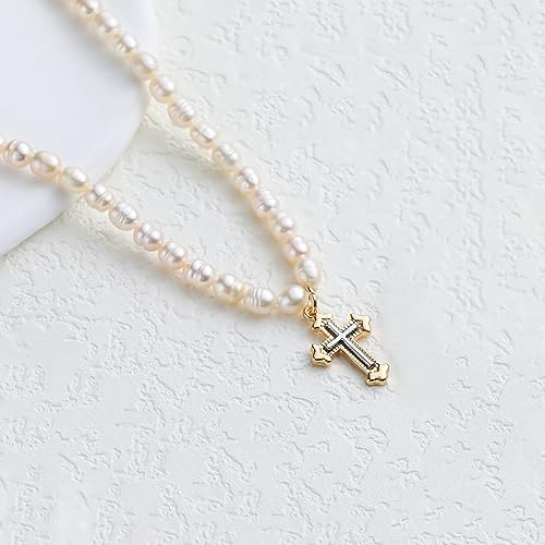 wgoud Natural Freshwater Pearl Choker Necklace for Women, Trendy 14K Gold Plated Pearl Necklaces Handmade Jewelry Gift - color: Cross Two-tone
