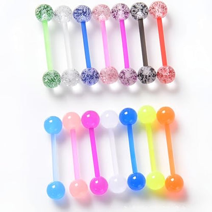 Glow in the Dark Barbell Piercing Set for Women Men 14 G Flexible Acrylic Tongue Ring Jewellery Long Nipple Piercings Bars Kit Hypoallergenic Cute Body Jewelry Stud 2 pcs - color: White