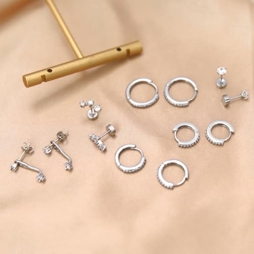 Stainless Steel Stud Earrings Set for Women Hypoallergenic Flat Back Cartilage Earrings Screw Back Huggie Hoop Earrings Multiple Piercing Cubic Zirconia Helix Tragus Jewelry - color: Set-E-Silver