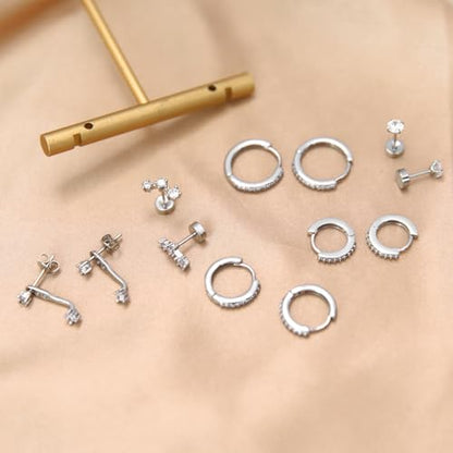Stainless Steel Stud Earrings Set for Women Hypoallergenic Flat Back Cartilage Earrings Screw Back Huggie Hoop Earrings Multiple Piercing Cubic Zirconia Helix Tragus Jewelry - color: Set-E-Silver
