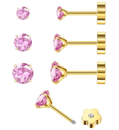 14K Gold CZ Flat Back Earrings for Women Hypoallergenic Cartilage Cubic Zirconia Earrings Studs 20G Handmade Nap Screw Back Earrings for Helix Conch Multiple Piercing - color: Pink-CZ
