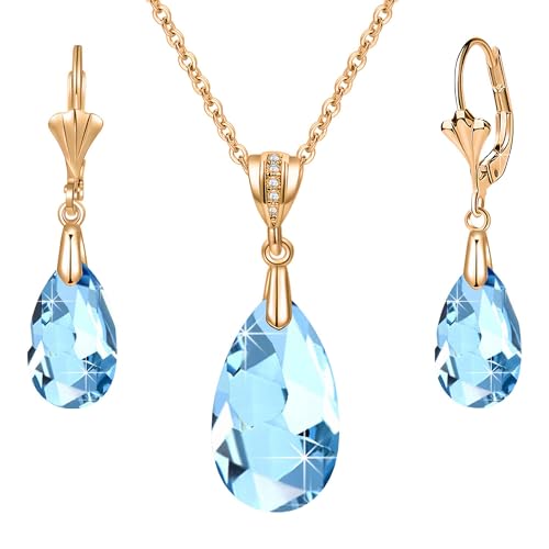 Austrian Crystals Teardrop Pendant Necklace Earrings for Women 14K Gold Plated Hypoallergenic Leverback Drop Dangle Earrings Jewelry Set - color: Aquamarine
