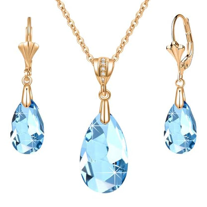 Austrian Crystals Teardrop Pendant Necklace Earrings for Women 14K Gold Plated Hypoallergenic Leverback Drop Dangle Earrings Jewelry Set - color: Aquamarine