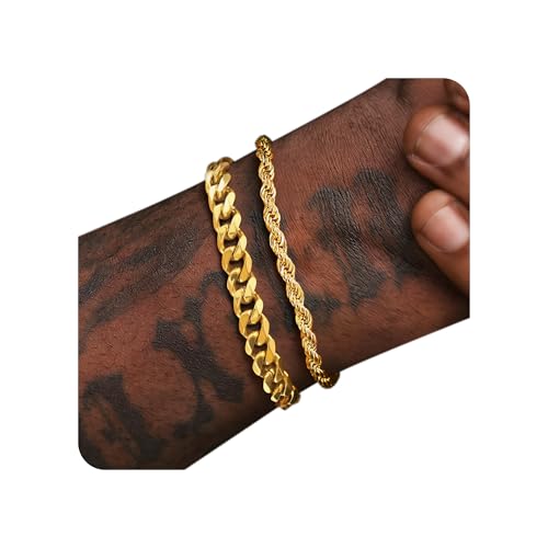 PEALICIOUS Mens Bracelet for Men Rakhi Gifts for Men Jewelry | 2 PCS Silver/Gold Bracelets for Men Chain,Pulseras Para Hombres Mens Accessories, Waterproof Jewelry,Stainless Steel Bracelet - color: Gold Cuban and Rope, size: 20+3cm