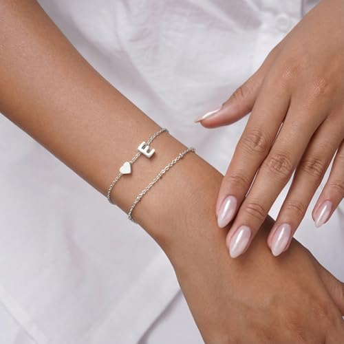 Gold Initial Bracelets for Women Trendy, Dainty Layered 14K Gold Plated Heart Letter Charm Bracelets, letter beads for name bracelets Jewelry Gifts - color: Silver-E