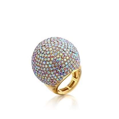 Gold Snowball Rhinestone Cocktail Ring – Adjustable Stretch Sparkling Party Jewelry for Women, Elegant Costume Ring for Evening Wear, Wedding, Prom - color: White AB