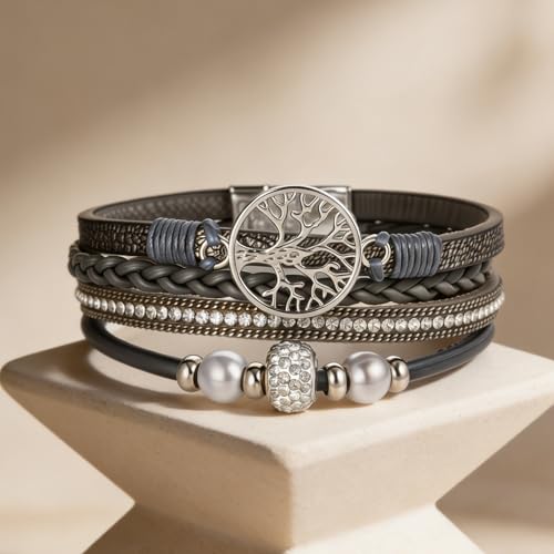hotoo Leather Wrap Bracelets for Women Tree of Life Cuff Bracelets Pearl Rhinestone Bead Multi-Layer Bracelets Bohemian Jewelry Gift for Women - color: Gray