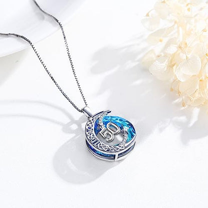 JUSTKIDSTOY Birthday Gifts for Women Girls 925 Sterling Silver Celtic Moon Star Necklace with Blue Crystal Pendant Jewelry for Sister Friends - style: 50th