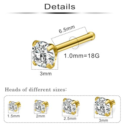 8Pcs Nose Rings Studs 14K Gold Filled Surgical Steel L-Shape Nose Rings for Women 1.5/2mm/2.5mm/3mm Cubic Zirconia Nostril Screw Studs Hypoallergenic Nostril Piercings 20g 18g - color: 8pcs,18g,mix color,straight