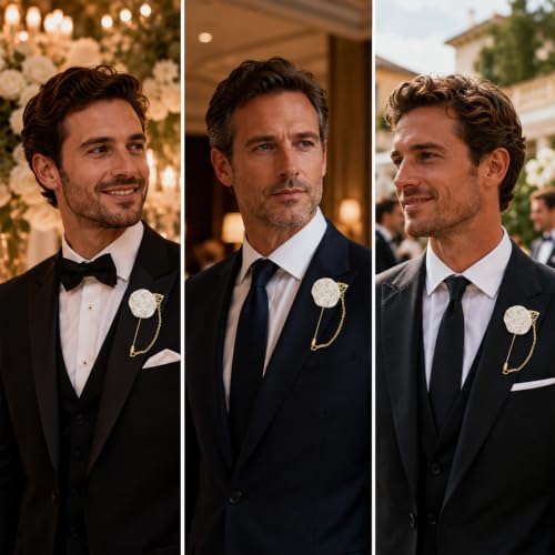 1 Pcs Gold Lapel Pin for Men, White Flower Brooch Pin for Men, Zinc Alloy Wedding Lapel Pin with Metal Chain for Suits Tuxedo Groom Accessories (Ivory White)