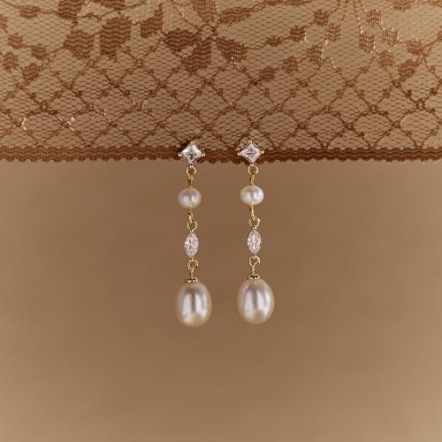 Pearl Earrings for Women, 14k Gold Plated Trendy Diamond Pearl Drop Earrings Hypoallergenic Dainty Bridal Gifts Wedding jewelry for Women - color: Gold-Pearl Style E