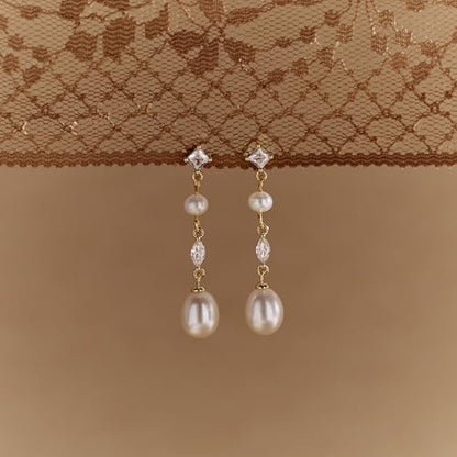 Pearl Earrings for Women, 14k Gold Plated Trendy Diamond Pearl Drop Earrings Hypoallergenic Dainty Bridal Gifts Wedding jewelry for Women - color: Gold-Pearl Style E