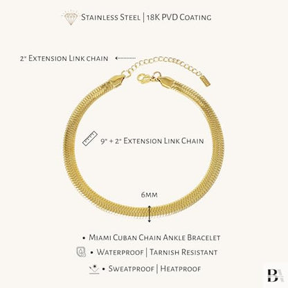 Stainless Steel Chain Ankle Bracelet for Women Adjustable Waterproof Anklet - color: Gold / 6mm Herringbone