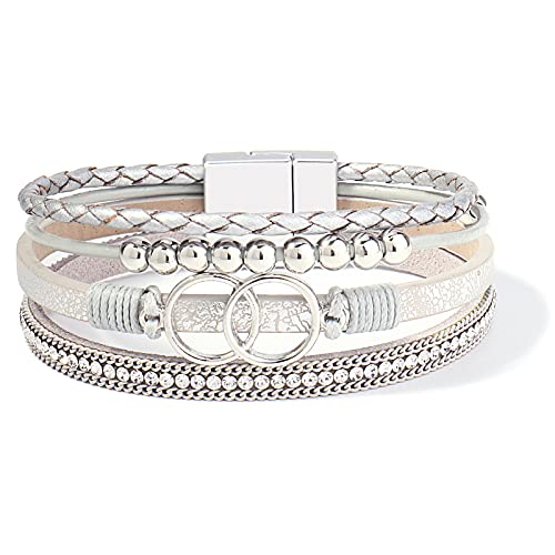 Chunky Boho Leather Wrap Bracelets Cowgirl Beaded Circle Western Jewelry | Stackable Infinity Layered Bohemian Magnetic Clasp Cuff Statement Fashion Colorful Country Hippie Outfits for Women Trendy - color: Silver
