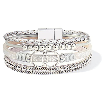 Chunky Boho Leather Wrap Bracelets Cowgirl Beaded Circle Western Jewelry | Stackable Infinity Layered Bohemian Magnetic Clasp Cuff Statement Fashion Colorful Country Hippie Outfits for Women Trendy - color: Silver