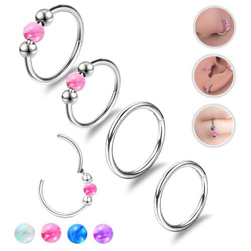 4PCS Nose Rings Opal 18G Nose Hoops 316L Surgical Steel Hypoallergernic Nose Piercings Jewelry for Women Nose Rings Suitable for Septum Rings Cartilage Earring Tragus Earring - color: Silver Pink, size: 4 PCS 18G 8mm*10mm