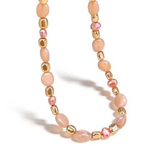 Boho Colorful Chunky Statement Beaded Necklaces for Women,Handmade Women's Fashion Gemstone Bead Choker Necklace,Western Natural Stone Strand Necklace Bib Collar Jewelry Unique Gifts for Women - color: 06-Pink