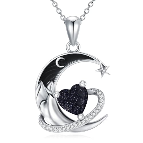 I Love You to the Moon and Back Necklace 925 Sterling Silver Black Crescent Moon Star Pendant with Heart Birthstone Necklace Anniversary Gothic Jewelry Gifts for Women Wife Lovers - color: 13-Blue sandstone