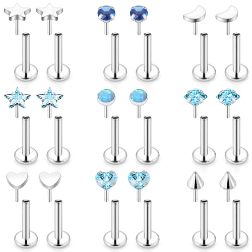 Threadless Noses Rings, Flat Back Earrings, 20/18/16g-Gauge 5/16in-Post 3mm-Top, Hypoallergenic Surgical Steel Medusa Lip Labret Cartilage Helix Tragus Conch Piercing Jewelry for Women Men - color: Blue, size: 16g*8mm