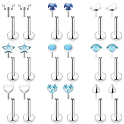 Threadless Noses Rings, Flat Back Earrings, 20/18/16g-Gauge 5/16in-Post 3mm-Top, Hypoallergenic Surgical Steel Medusa Lip Labret Cartilage Helix Tragus Conch Piercing Jewelry for Women Men - color: Blue, size: 16g*8mm