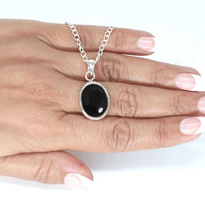 Chunky Natural Gemstone Pendant Necklace For Women Onyx, Turquoise, Amber, Garnet Oval Boho Genuine 925 Sterling Silver Handmade Jewelry - color: Black Onyx