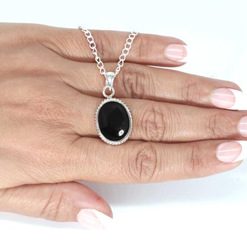Chunky Natural Gemstone Pendant Necklace For Women Onyx, Turquoise, Amber, Garnet Oval Boho Genuine 925 Sterling Silver Handmade Jewelry - color: Black Onyx