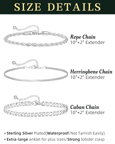 Plus Size Ankle Bracelets for Women - Extra Large 10"+2" Adjustable Anklet 14K Real Gold Plated Anklet Cuban Link, Figaro, Rope, Snake Herringbone - Summer Beach Waterproof Foot Jewelry - color: Curb, Snake, Rope Silver