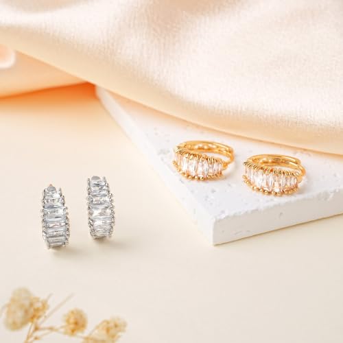 CZ Huggie Hoop Earrings for Women | Sparkly Cubic Zirconia, Small Hoop, Lightweight, Everyday Fashion Jewelry - color: Baguette CZ - Gold