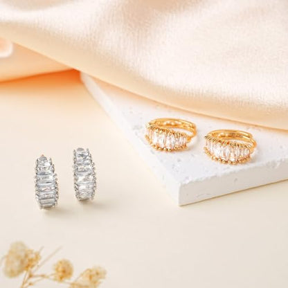 CZ Huggie Hoop Earrings for Women | Sparkly Cubic Zirconia, Small Hoop, Lightweight, Everyday Fashion Jewelry - color: Baguette CZ - Gold