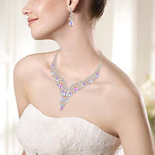 Wedding Bridal Necklace Earrings Jewelry Set for Women | Gorgeous Austrian Crystal Teardrop Flower Cluster for Bridal Bride Bridesmaid - color: 2Pcs-Iridescent AB Silver-Tone