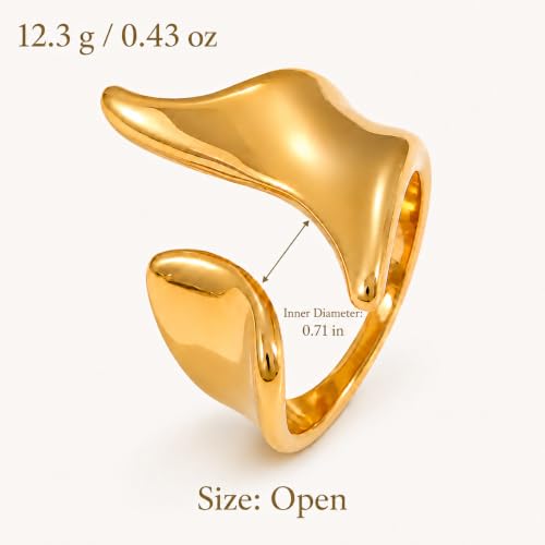 Gold Stainless Steel Open Ring, Sculptural Wave Statement Ring, Wide Polished Band Jewelry for Women Daily Party Outfits