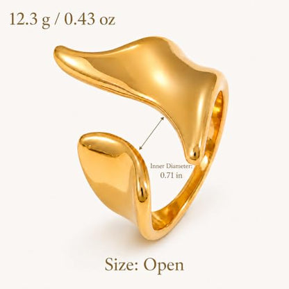 Gold Stainless Steel Open Ring, Sculptural Wave Statement Ring, Wide Polished Band Jewelry for Women Daily Party Outfits