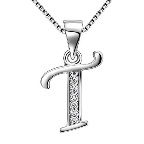 Aurora Tears Letter Necklace Initial 925 Sterling Silver Alphabet Pendant Crystal Name Gift Women Cubic Zirconia Jewelry - color: T