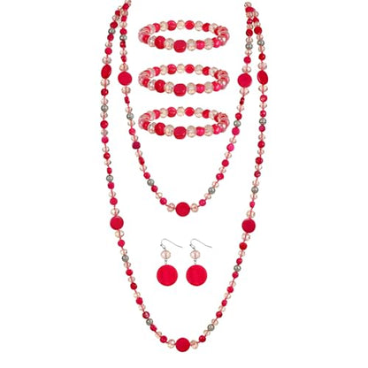 Trendy Infinity Wrap 60’’ Long Statement Necklace, Earrings and Bracelet Set - Hand Knotted Versatile Crystal and Shell Beads Strand Necklace and Chunky Beaded Stretch Bracelet Stack – Jewelry Set Gift for Women - color: hot pink