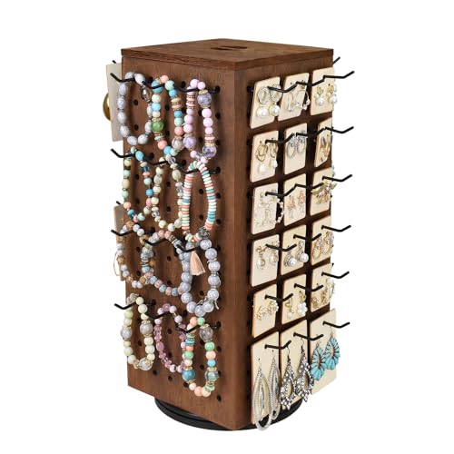 MOOCA Rotating Wooden Jewelry Display with 48 Hooks, Brown | Four-sided rotating wood pegboard with 48 removable hooks and lidded inner storage displays jewelry and accessories. - color: Brown, Square